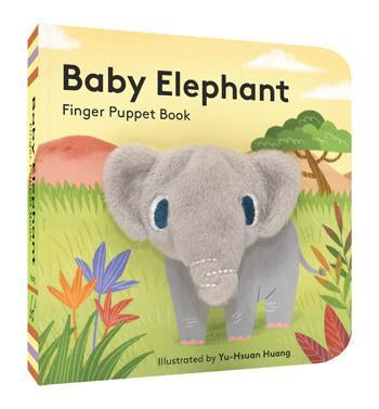 Book titled "Baby Elephant Finger Puppet Book" Illustration of baby elephant standing on grass with tree and mountain in background. Baby Elephant's head is a finger puppet.