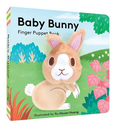 Book titled "Baby Bunny Finger Puppet Book" Illustration of bunny sitting on grass and in front of trees and a hill. Bunny's head is a finger puppet.