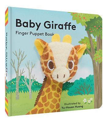 Book titled "Baby Giraffe Finger Puppet Book" Illustration of baby giraffe standing on grass with trees and bushes in background. Baby Giraffe's head is a finger puppet.