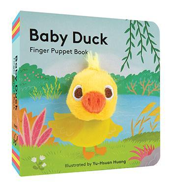 Book titled "Baby Duck Finger Puppet Book" Illustration of baby duck sitting on grass and in front of a pond. Baby Duck's head is a finger puppet.